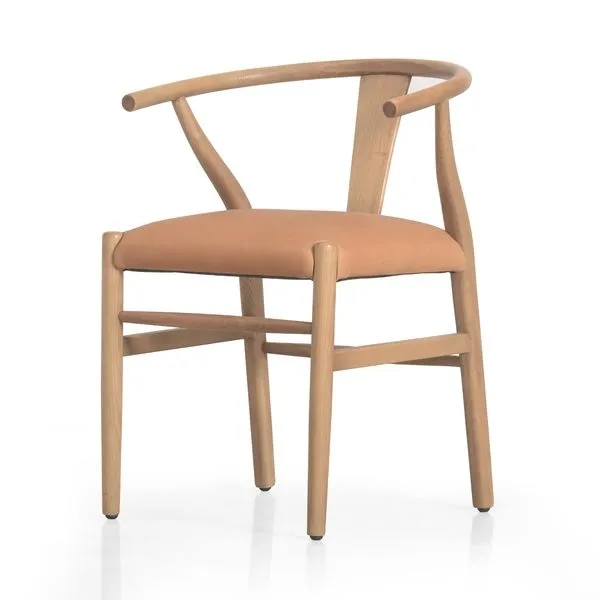 Stowe Dining Chair with pale solid ash wishbone frame and warm camel top-grain leather seat