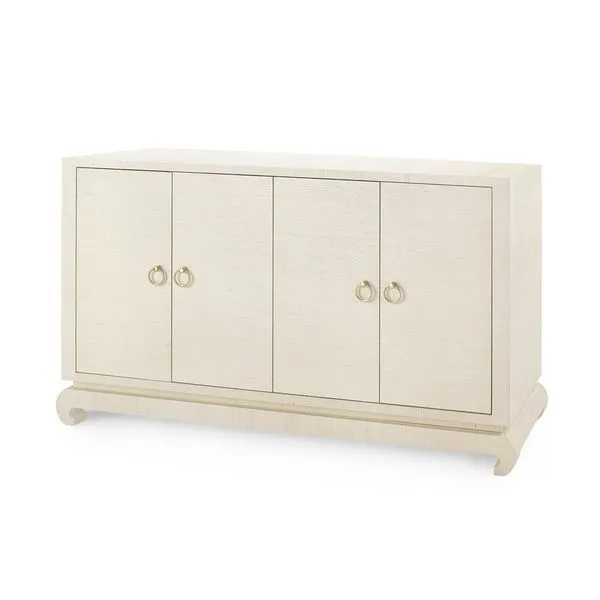 Sophisticated Meredith 4-Door Cabinet with a classic silhouette, light textured finish, brass ring handles, and curved base