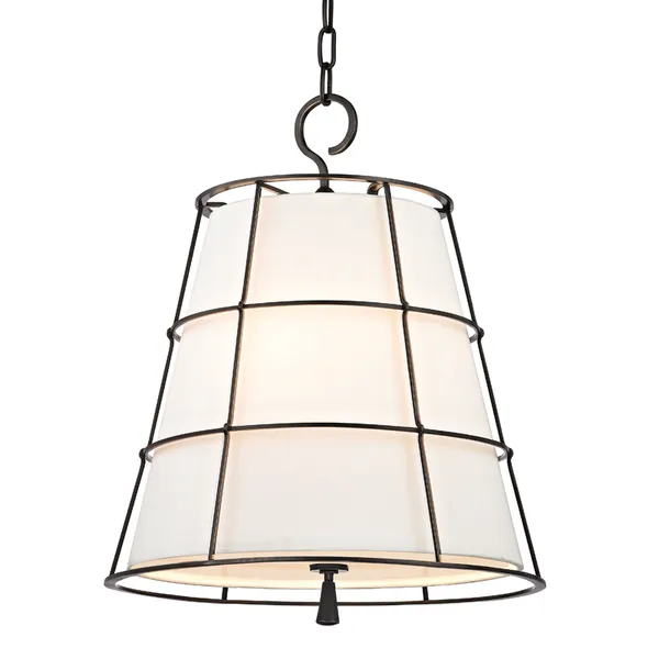 Savona pendant with a white linen conical shade encased in a dark metal cage and suspended by a chain with a question-mark...