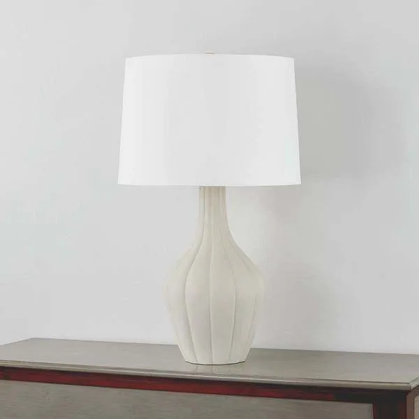 Glendora Table Lamp with a speckled white gourd-shaped ceramic base and white linen drum shade