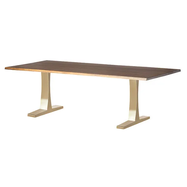 Rectangular dining table with dark wood top and light beige dual pedestal legs