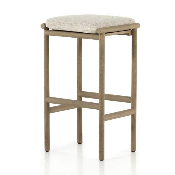 Kyla Washed Brown Outdoor Bar Stool with solid teak frame and beige Olefin cushion