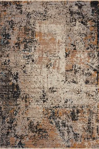 Top-down view showing full rug with balanced abstract pattern in neutral and warm colors