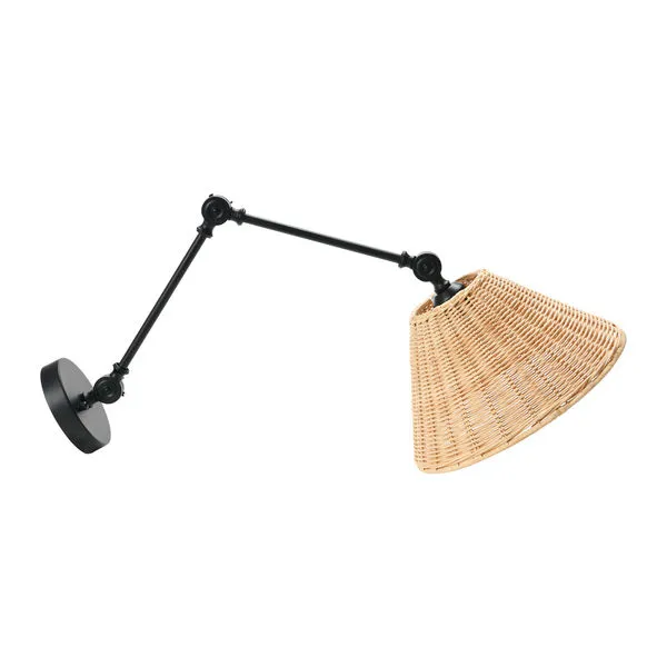Adjustable wall sconce with black extendable arm and pivot joints, featuring a natural rattan conical shade