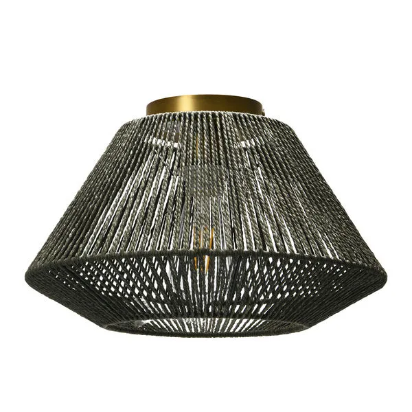 Flush mount ceiling light with dark woven paper rope shade and brass accent base