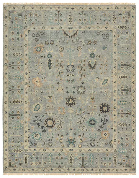 Nysa 9x12 hand-knotted traditional rug with blue and green abrashed floral motif and decorative border