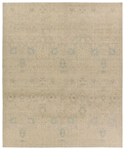 Traditional 8x10 wool rug with distressed floral Oushak pattern in tan and blue hues