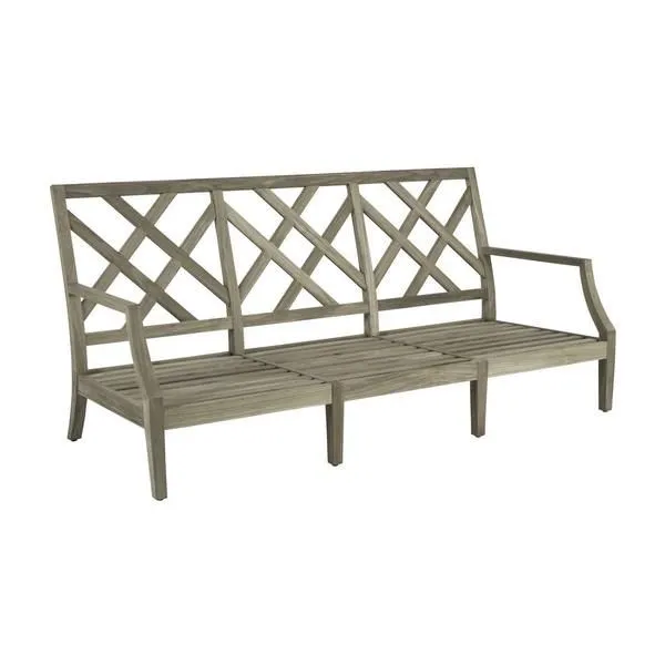 Haley Teak Sofa with trellis-inspired lattice back and natural unfinished premium teak frame