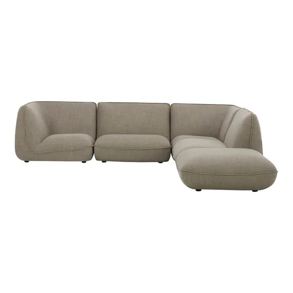 Zeppelin Lounge Modular Sectional in light taupe fabric, low-slung 70’s inspired silhouette with gentle curves and floatin...