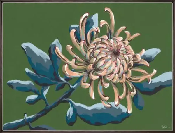Vibrant painting of a blooming flower with curled petals on a rich green background and bold brushstrokes