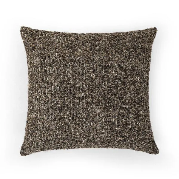 Square Callum Pillow in thick, heavy boucle fabric with speckled brown and beige texture