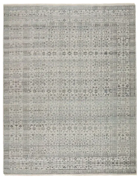 Tonal gray hand-knotted rug with light blue tribal filigree motifs and subtle space-dyed wool texture