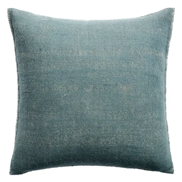 Square solid blue pillow with a soft, stonewashed cotton texture and subtle woven fibers