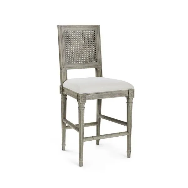 Cerused oak and cane Annette Counter Stool with hand-carved rosettes and a white upholstered seat