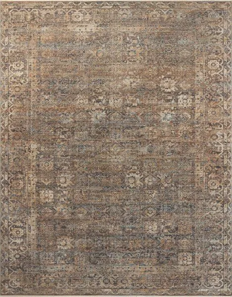 Heritage Mocha / Denim traditional rug with vintage-inspired motifs in muted brown, blue, and beige tones
