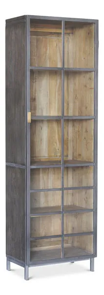 Tall grey display cabinet with wood back, metal frame, grid-like glass door, and unique gold handle