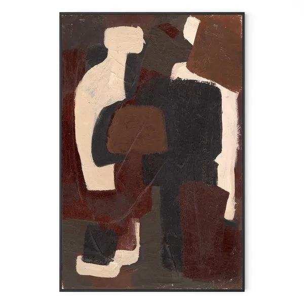 Abstract painting with large blocks of cream, dark brown, and rusty red shades creating textured, layered forms
