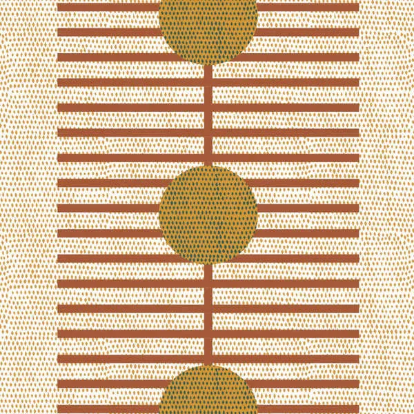 Terracotta peel and stick wallpaper with vertical brown lines and large mustard yellow circles on cream background