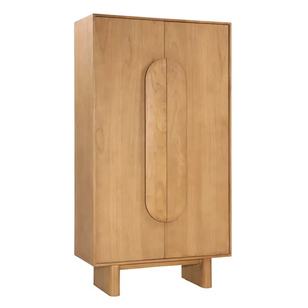 Tall natural mindi wood veneer cabinet with clean lines and oval vertical door handles on block legs