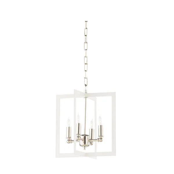Bayberry Hanging Pendant with crisp white rectangular frame and polished nickel accents holding four candle-style lights