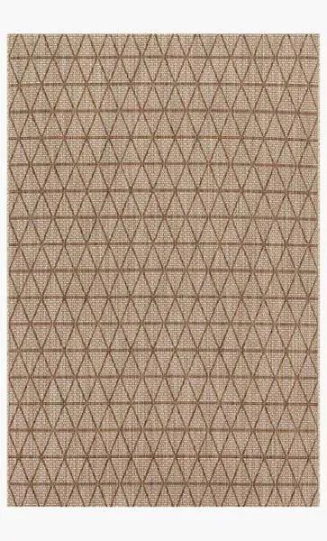 Beige and mocha indoor/outdoor rug with geometric triangular pattern and flat power-loomed texture