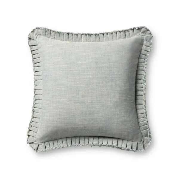 Heathered pale blue 20x20 inch square throw pillow with pleated, raw-edge flange and soft cotton blend fabric