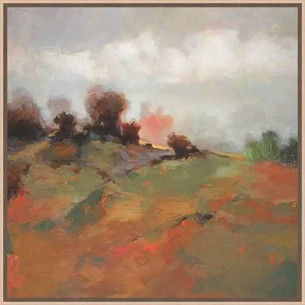 vibrant autumn landscape painting with rolling hills, warm oranges, deep reds, and trees under a cloudy sky