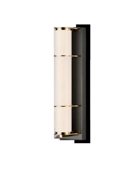 Blaine Wall Sconce with milky glass tube held by polished brass rings mounted on oil-rubbed bronze backplate
