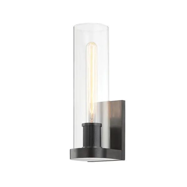 Old bronze 1-light wall sconce with clear cylindrical glass shade and knurled socket detail