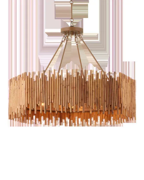Teahouse Chandelier with staggered natural rattan ribs and khaki metal hardware in warm finish
