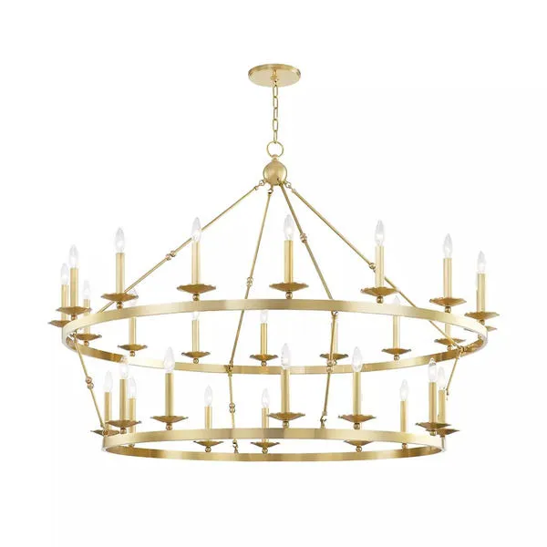 Large two-tier gold wagon-wheel chandelier with 28 candle-style lights and spherical detail on top