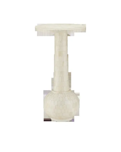 Osa Drinks Table featuring over 400 natural bone picket-tile shapes with a round top and plinth base in ivory tones