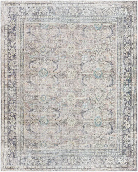 Darling Charcoal Machine Woven Rug with intricate traditional pattern in neutral charcoal, beige, and light blue tones