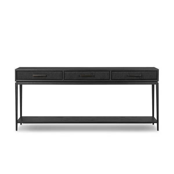 Rosenell Console Table in black-finished oak with three woven paper cord drawers and lower open shelf