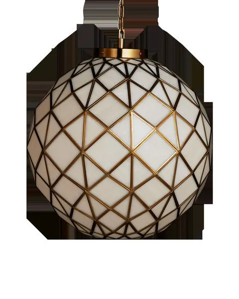 Polyhedron Medium Pendant with triangular white glass panes and antique brass geometric framework
