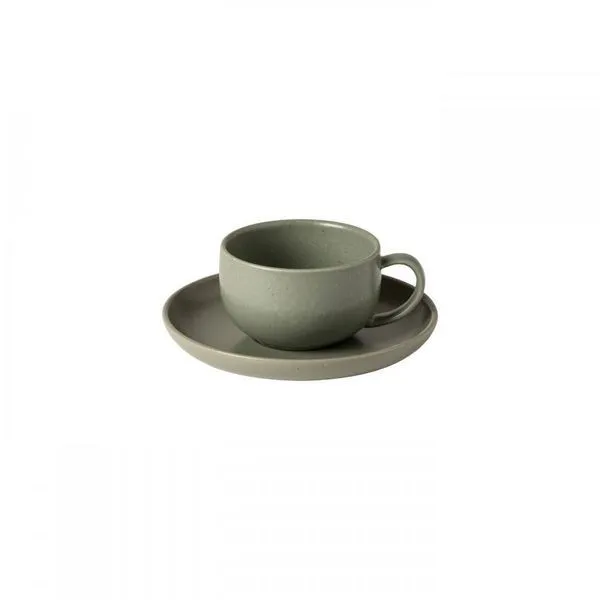 Artichoke green stoneware tea cup with round handle on matching flat saucer with matte finish