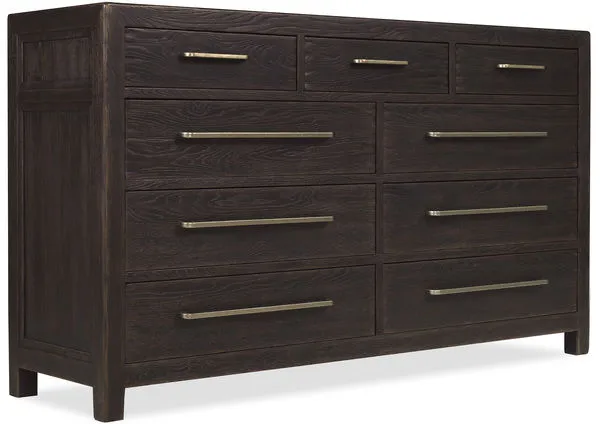 Burnt Timber nine-drawer dresser with dark, moody finish and sleek horizontal metal handles
