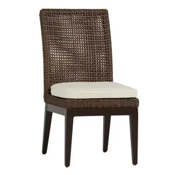 Peninsula Light Raffia woven outdoor dining side chair with dark woven back and seat, white cushioned seat and dark wood legs