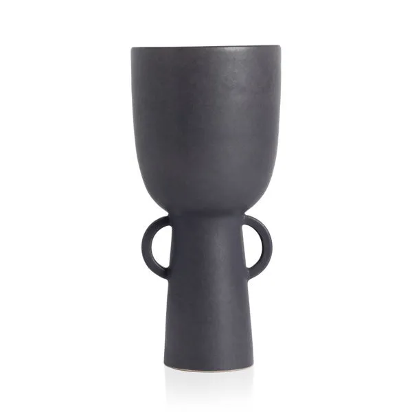 Anillo Narrow Vase in matte black with bold shapes, vessel atop a smaller base, and circular handles on sides