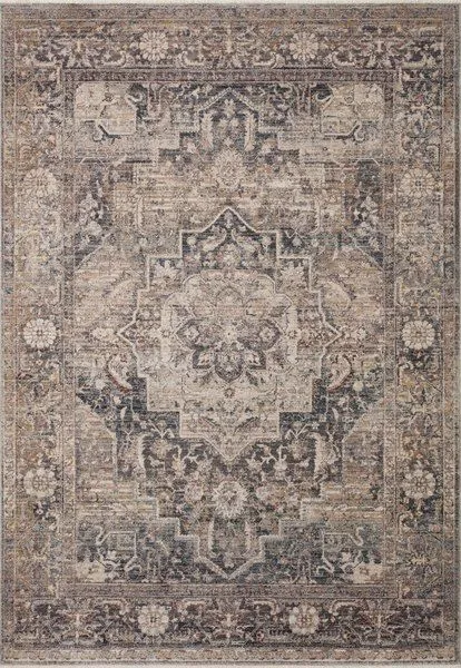Lyra Denim Sand Rug with traditional medallion and floral motifs in soft beige, sand, and denim blue hues