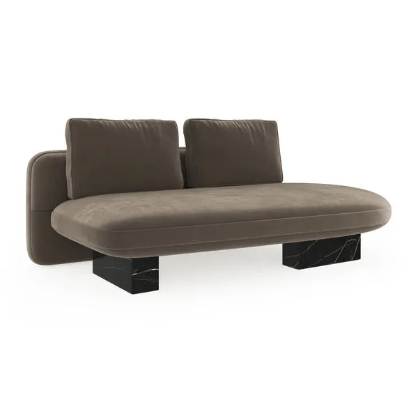 Left-facing armless sofa with dark taupe vintage velvet upholstery and Nero Marquina black marble block base