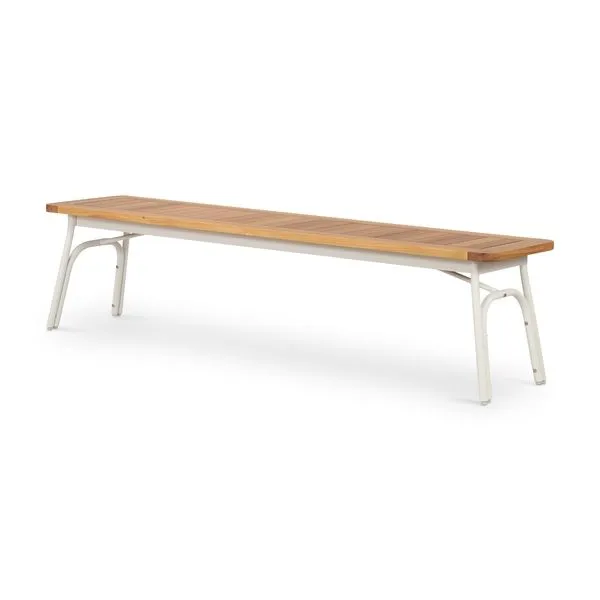 Modern outdoor dining bench with matte ivory metal frame and wooden slatted seat in warm natural tones