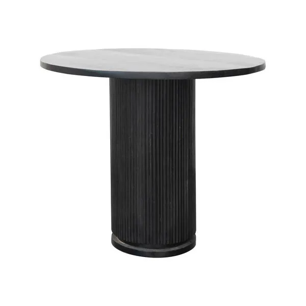 Circular Sandhaven Pedestal Dining Table with ribbed cylindrical base and soft bleached finish in dark wood