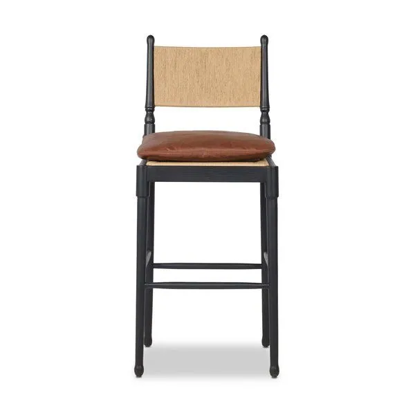 Fayth Bar + Counter Stool with black-finished solid ash frame, woven paper cord backrest, and brown linen cushion
