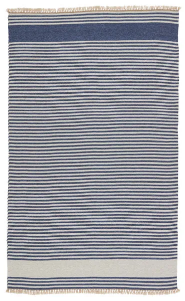 Rectangular blue and beige striped indoor outdoor rug with handwoven polypropylene and fringe edges