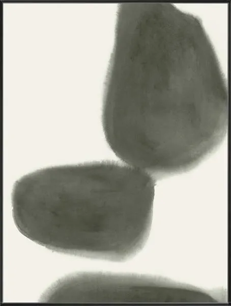 Abstract painting Mossy Pebbles II with three soft, mossy green organic shapes on off-white background
