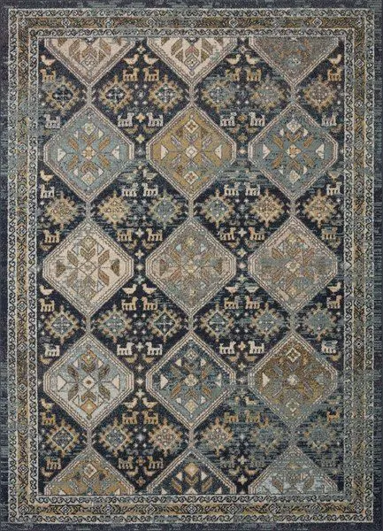 Jocelyn Navy Blue Rug with antique-inspired diamond motifs and muted gold, beige, and blue tones