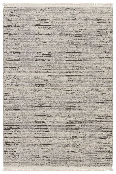Modern 5x7 area rug with distressed gray and cream striped design and cream fringe edges