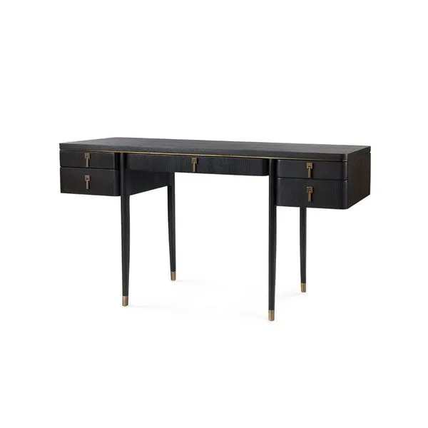 Modern Lanna desk in black quarter-sawn solid oak with straight grain, bronze drawer pulls, and slender tapered legs