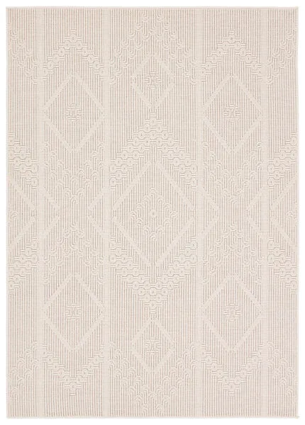 Rectangular cream indoor-outdoor rug with diamond medallion pattern and soft high-low pile texture
